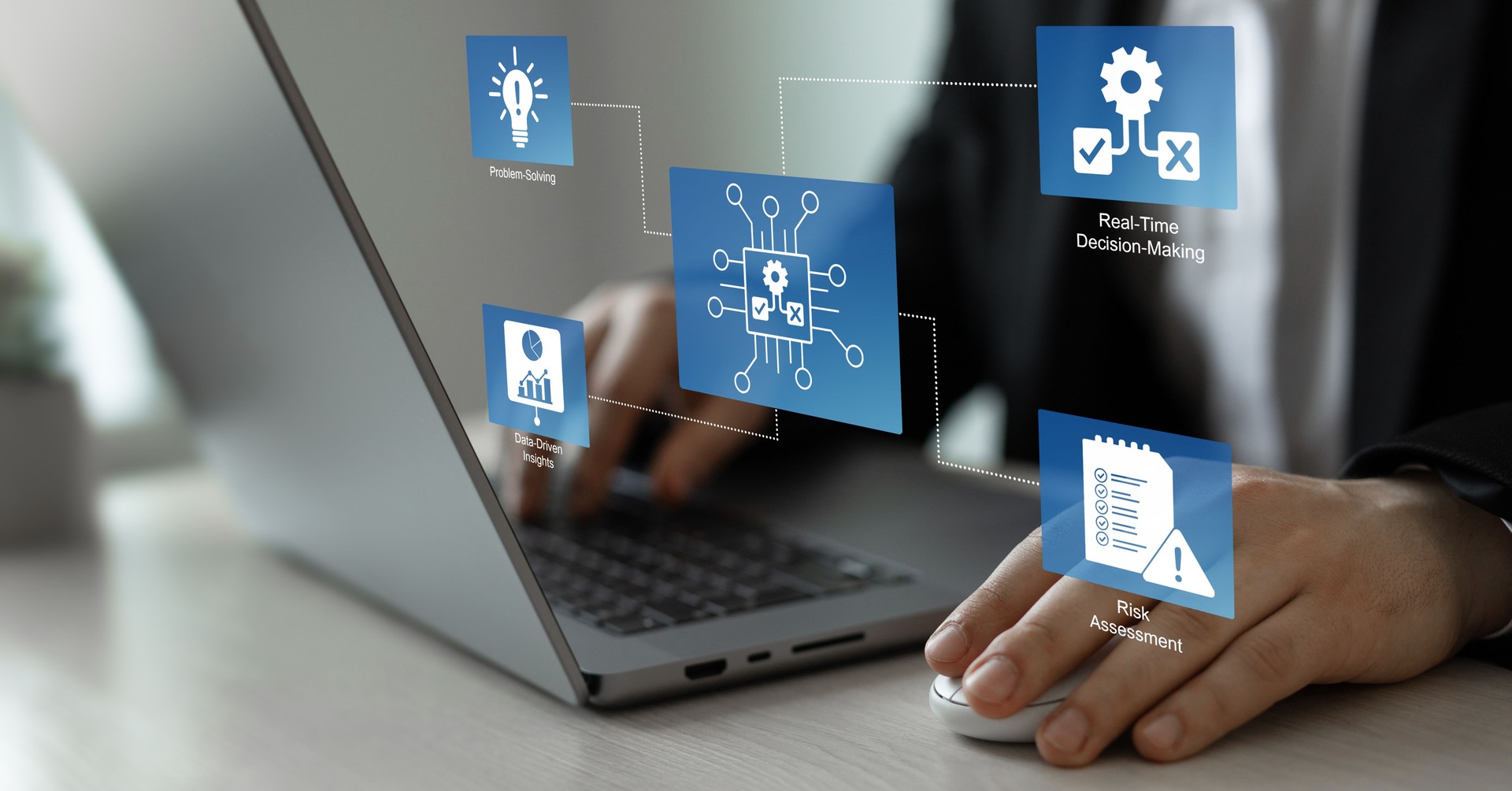 Engineer using laptop for optimization software AI bot with a Comprehensive Guide.Leveraging Artificial Intelligence in Decision Making.